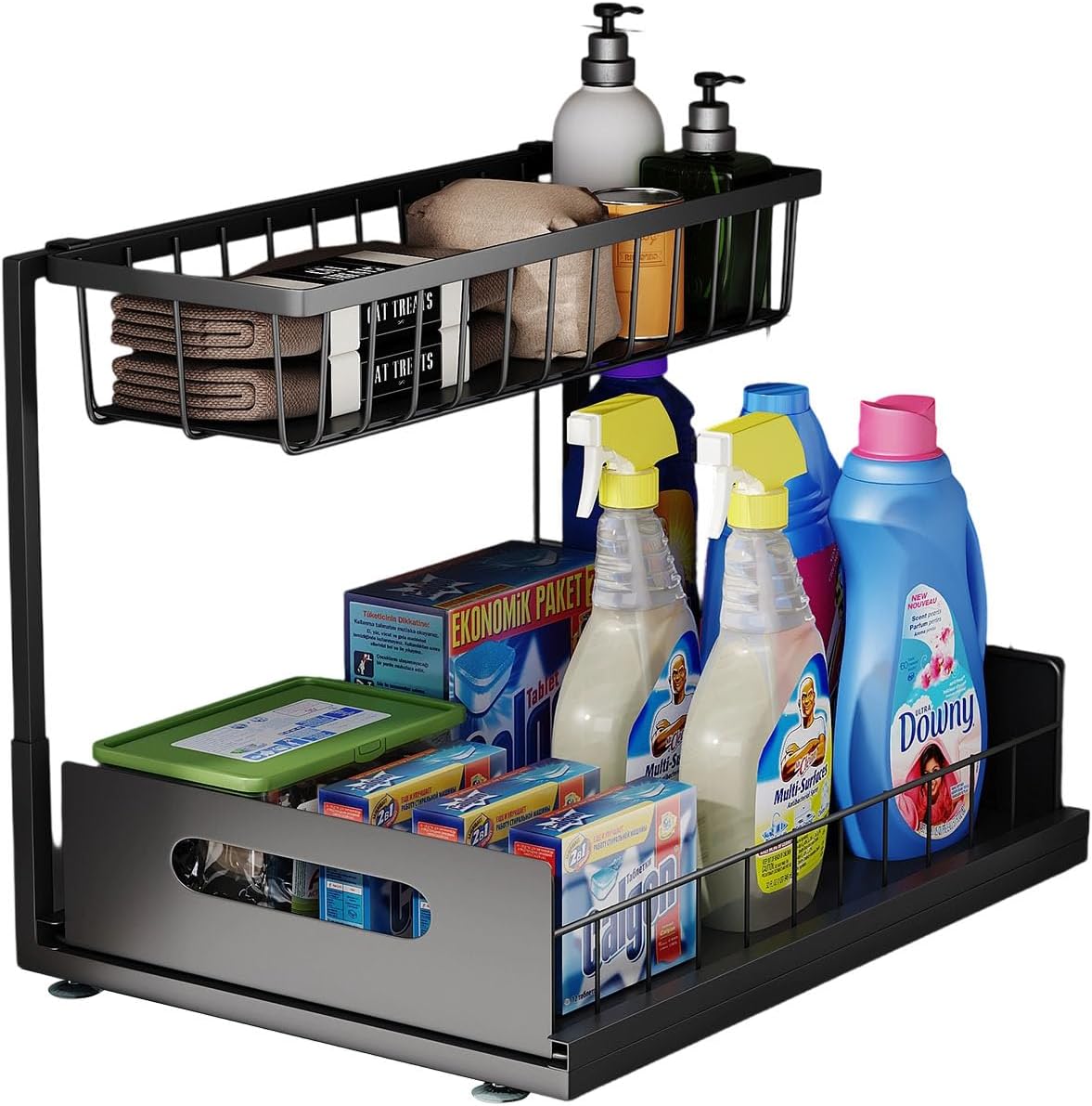 Under Sink Organizer - Skiennix 2-Tier Pull-Out Cabinet Storage Shelf | Rust-Resistant Metal, Easy No-Tools Installation, Black