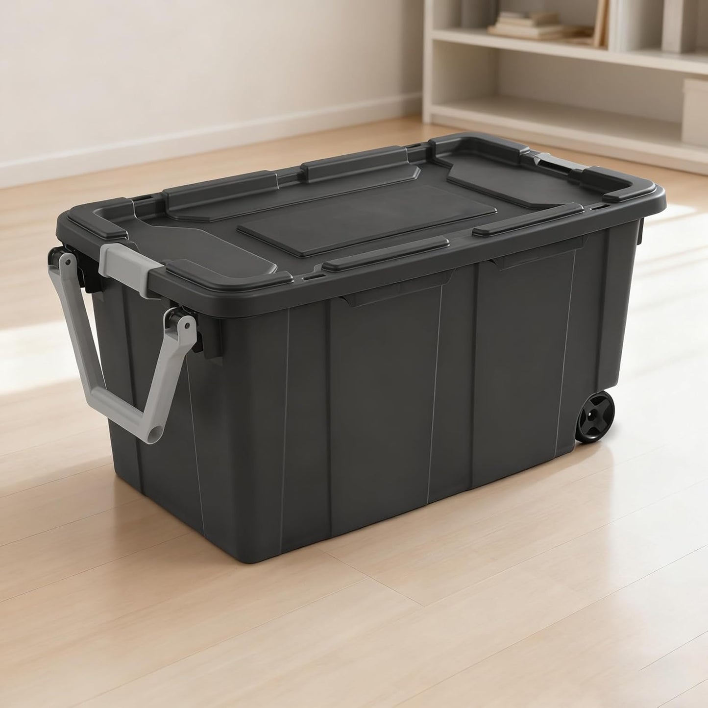 Rugged Industrial Tote by [Brand Name] - 40 Gallon Wheeled Storage Bin with Latch Lid | Dark Gray