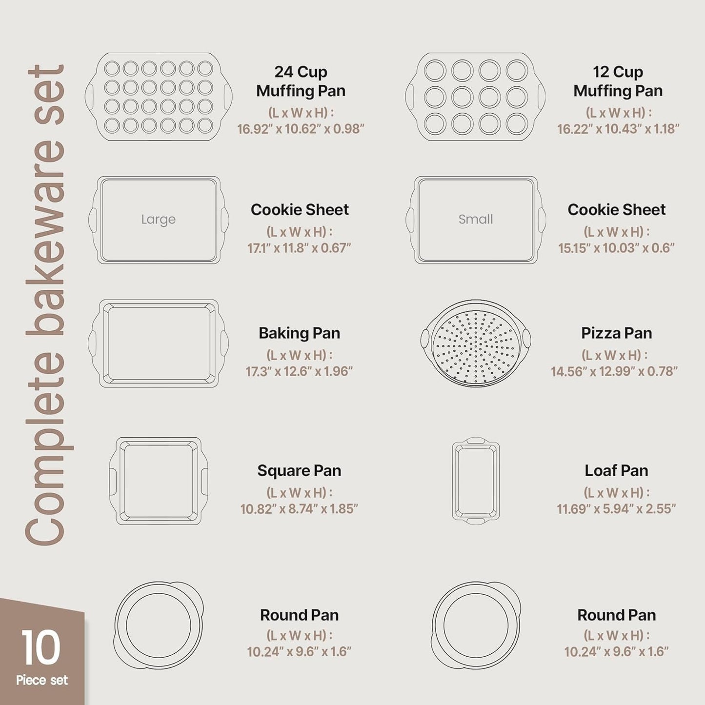 BAKKEN Nonstick Carbon Steel Baking Pans Set - Commercial Quality with White Silicone Handles | 10-Piece Oven Safe (450°F)
