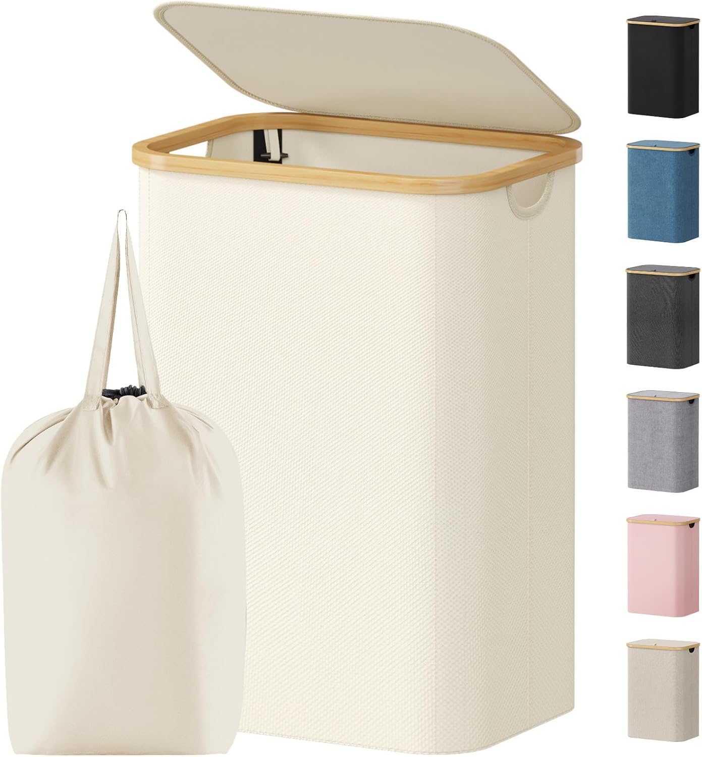 Lifewit 80L Laundry Basket - Foldable Hamper with Lid & Bamboo Handles | Large White Design