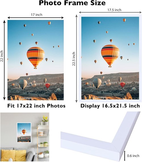 JCJMY 17x22 Picture Frame - White Wall Mount Frame for Horizontal or Vertical Display | Shatter-Resistant Plexiglass