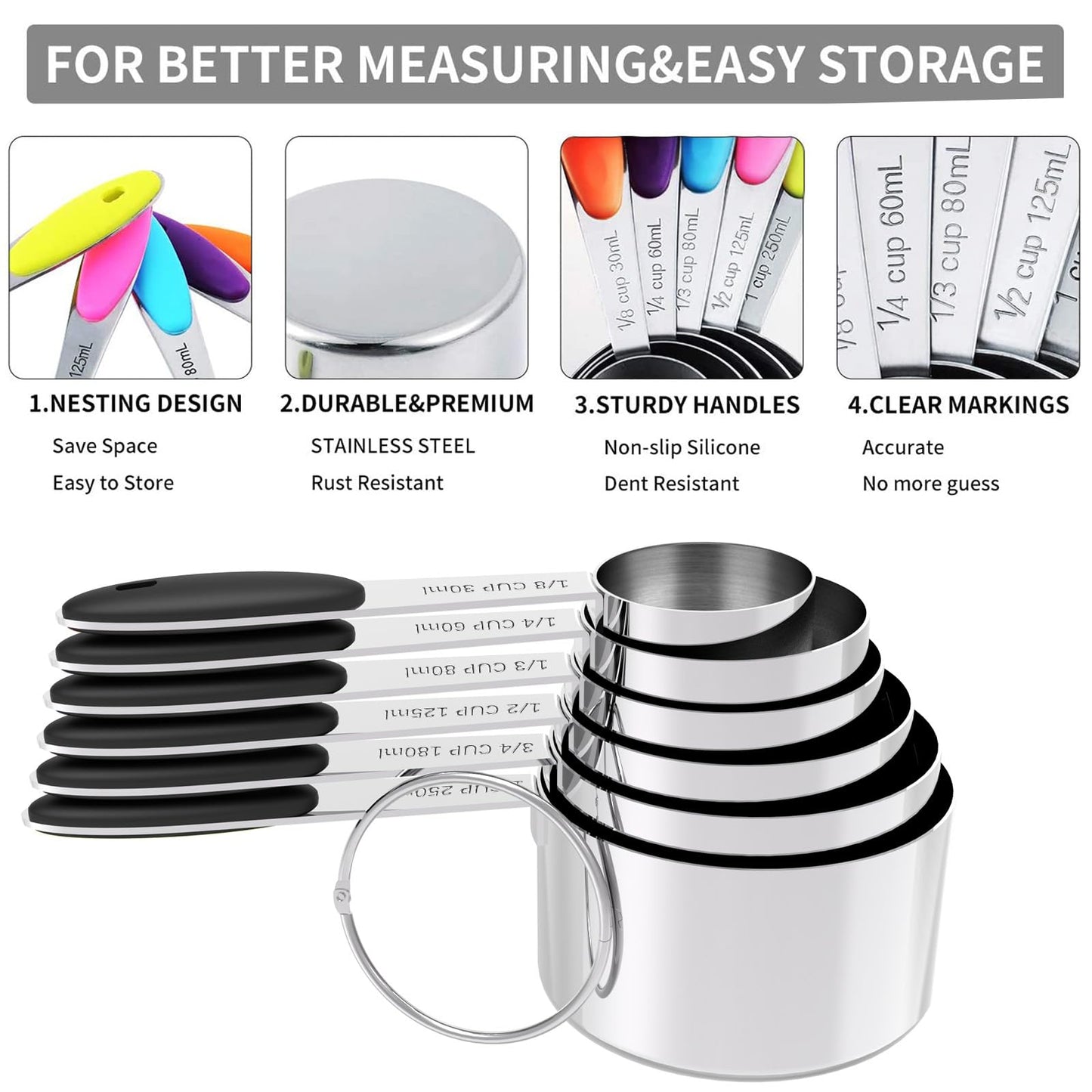 TILUCK magnetic measuring spoons set and measuring cups, stainless steel measuring cups, 6 double-sided stainless steel measuring spoons & 1 leveler (13)