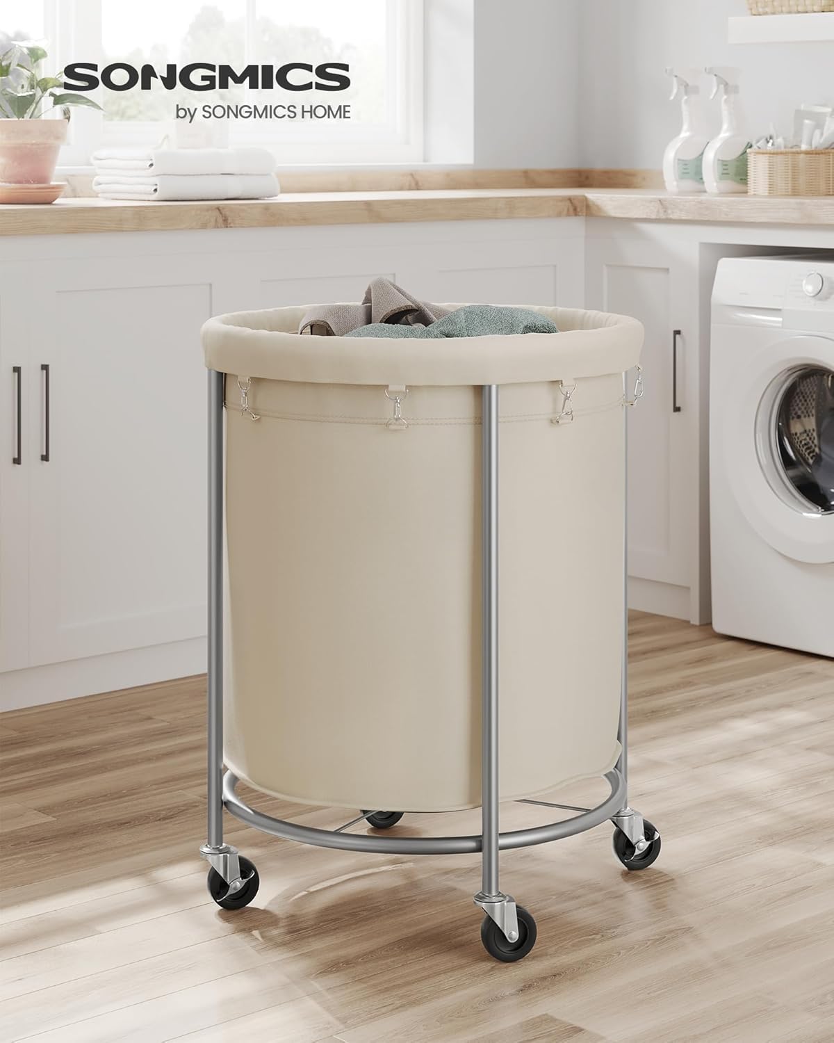 SONGMICS Laundry Basket - 50.2-Gallon Rolling Hamper Cart with Steel Frame & Removable Bag - Cream White & Metallic Silver
