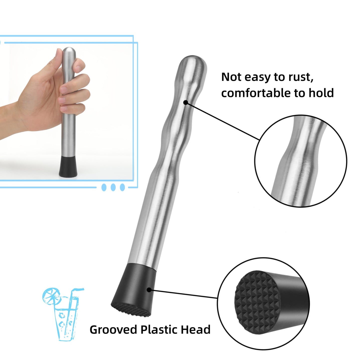 LEGERM 8'' & 12" Stainless Steel Cocktail Muddler & Long Handle Mixing Spoon Set - Professional Bar Tools for Mojitos, Fruit Drinks & Craft Cocktails | Heavy-Duty Stirring & Muddler Kit