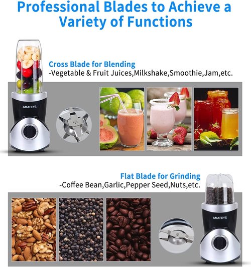 Amateys Personal Blender - Professional Smoothie Maker with Blending & Grinding Blades | 24/10 OZ Travel Bottles