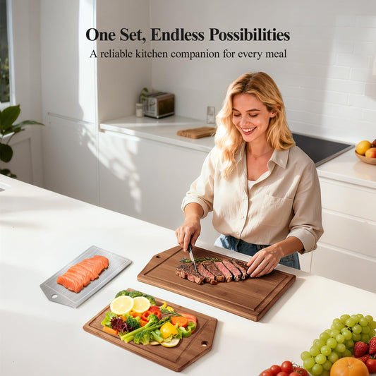 Maxboro Bamboo Cutting Board Set for Kitchen, Detachable Stainless Steel Design, Double Sided Chopping Boards with Deep Juice Well and Built-in Handles for Meal Prep and Serving, Ideal Kitchen Gift