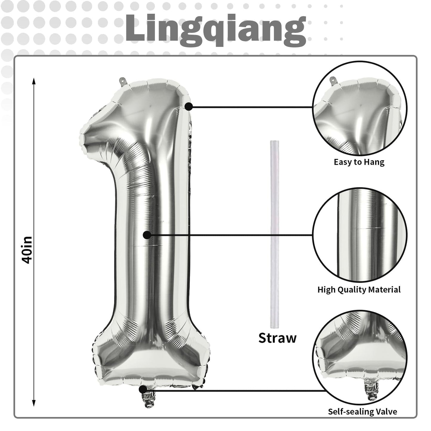 Silver 1 Balloon Number, 40 Inch Giant Helium Foil Number 0-9 for Boys Girls, Self Inflating 1st Birthday Balloon for Women Men 10th Anniversary Baby Shower New Year Wedding Party Decorations Supplies