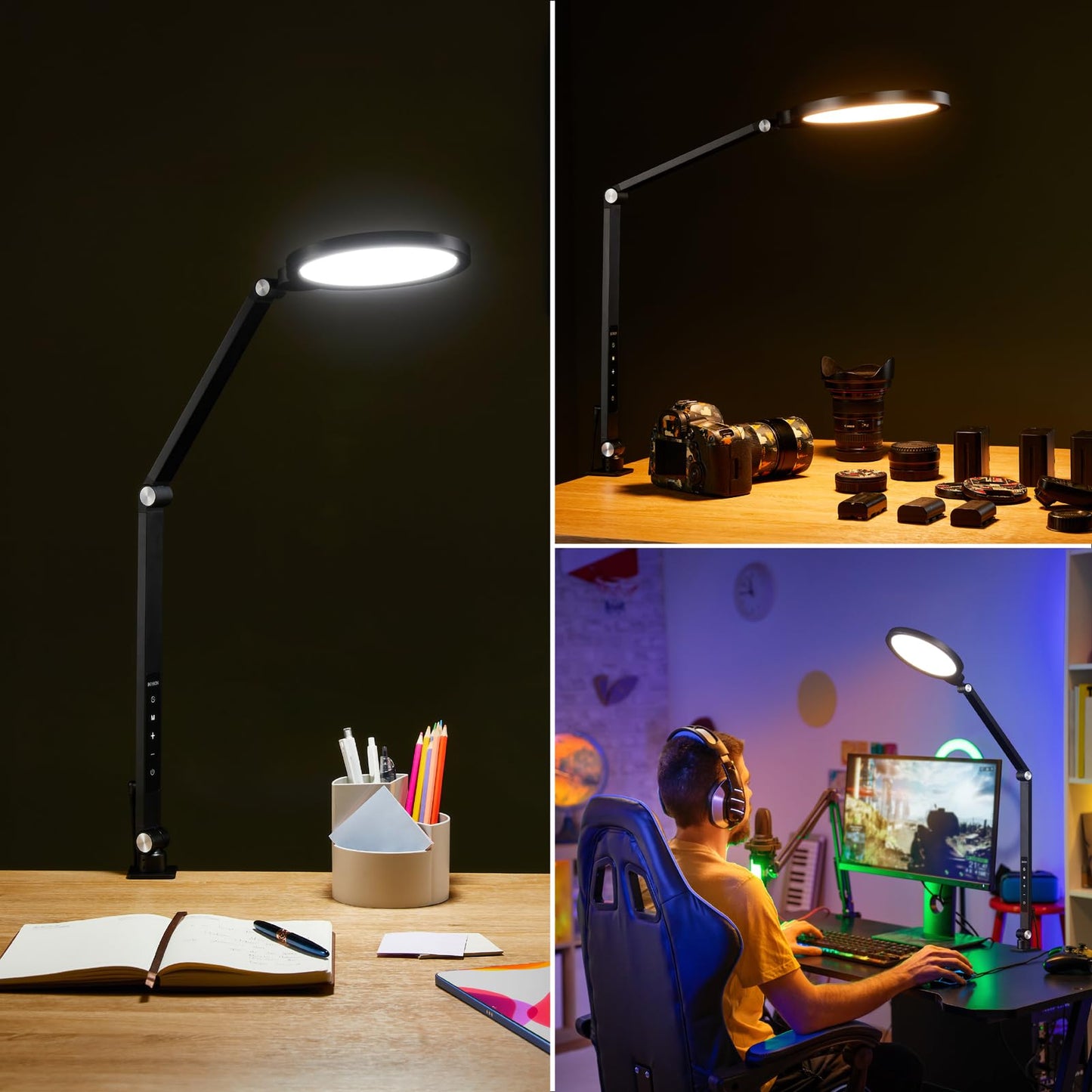 BOHON Desk Lamps for Home Office, 15W 5 Color Modes 10 Brightness Ring Light for Desk, Flexible Swing Arm LED Desk Light with Clamp for Video Conference Lighting Reading Zoom Streaming Table