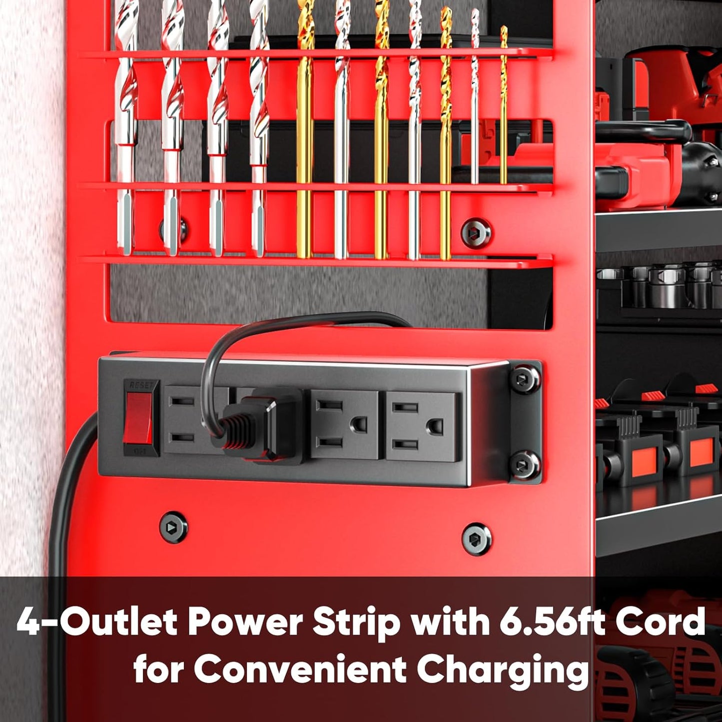 POKIPO Large Power Tool Organizer - Heavy Duty Wall Mount Storage Shelf with Charging Station | 600lbs Capacity, 4 Outlet Power Strip, 8 Drill Holders