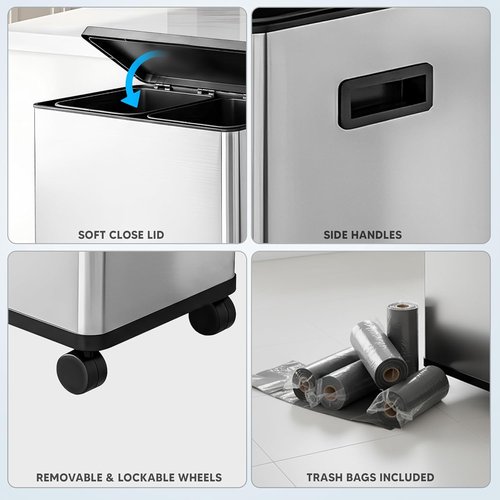 HOLDN’ STORAGE 60L Dual Kitchen Trash & Recycling Bin - Motion Sensor, Soft-Close Lid, Stainless Steel
