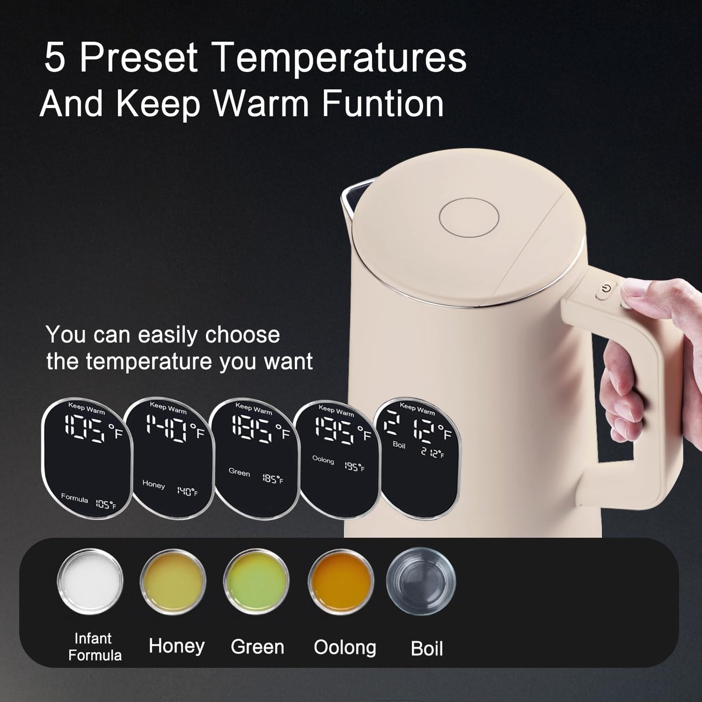 QUAXWELL 1.5L Electric Kettle Stainless Steel, Double Wall Cool Touch Teapot, Fast Boil,5 Temperature Control, LED Display, Auto Shut-Off,Keep Warm Function,Cream White