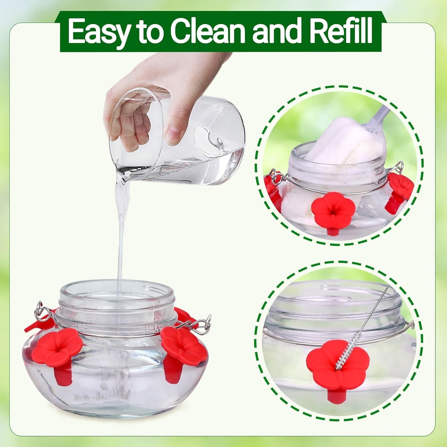 Skiennix Glass Hummingbird Feeder - Cute Mason Jar Design with 4 Silicone Flower Ports | Easy to Clean & Refill