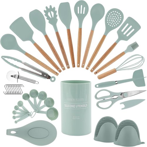 Country Kitchen Non-Stick Silicone Utensil Set - 38 Piece Cooking & Baking Tools in Mint