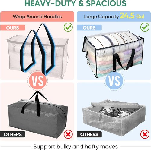 BALEINE 6-Pack Heavy-Duty Moving Bags - Oversized Storage Totes with Reinforced Handles (Clear)