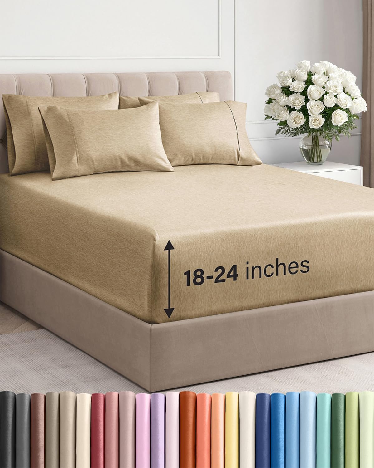 Skiennix Extra Deep Queen Sheet Set - 6 Piece Breathable Cooling Bedding - Soft Wrinkle-Free Heathered Tan