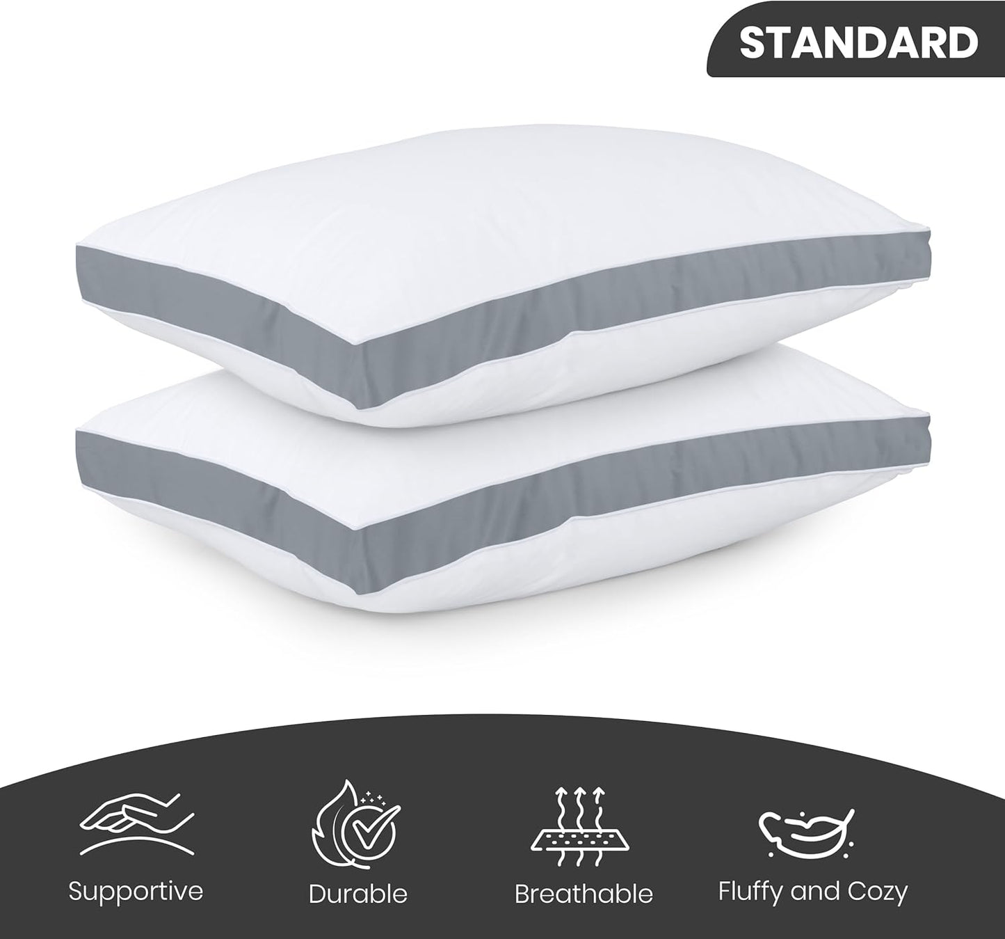 Utopia Bedding Bed Pillows - Soft & Fluffy Down Alternative | Standard Size Grey, Set of 2