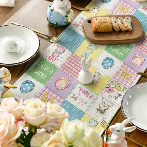 Artoid Mode Plaid Bunny Rabbit Eggs 210 GSM Happy Easter Table Runner, Seasonal Spring Kitchen Dining Table Decoration for Home Party Decor 13x72 Inch