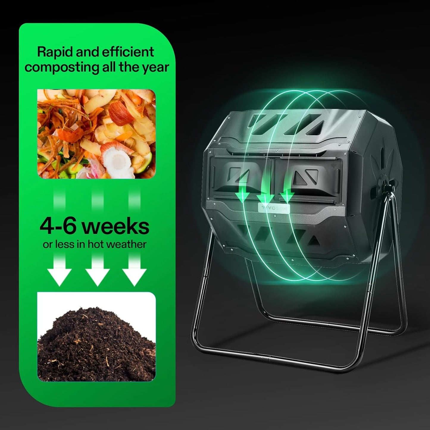 VIVOSUN Outdoor Compost Bin - Dual Rotating 43 Gallon Tumbling Composter with Black Door