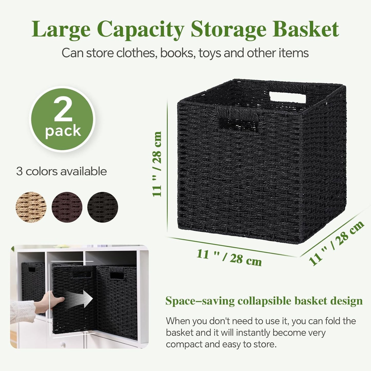 Skiennix Woven Wicker Storage Baskets - 2-Pack Handwoven Paper Rope Organizers | 11x11 Foldable Cube Bins in Classic Black