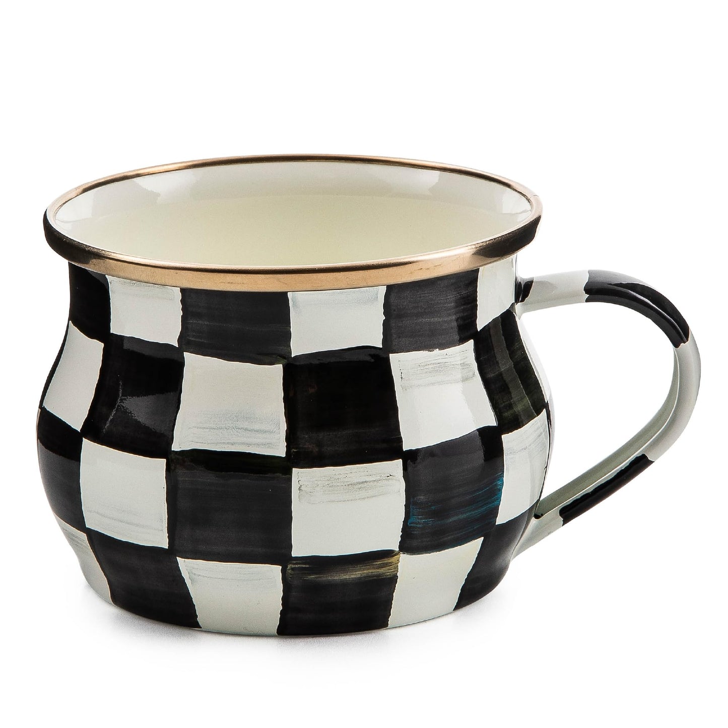 MACKENZIE-CHILDS Enamel Teacup, Unique Coffee and Tea Mug, Enamel Cup for Hot Tea, 10 Ounces, Brown-and-White Mocha Check