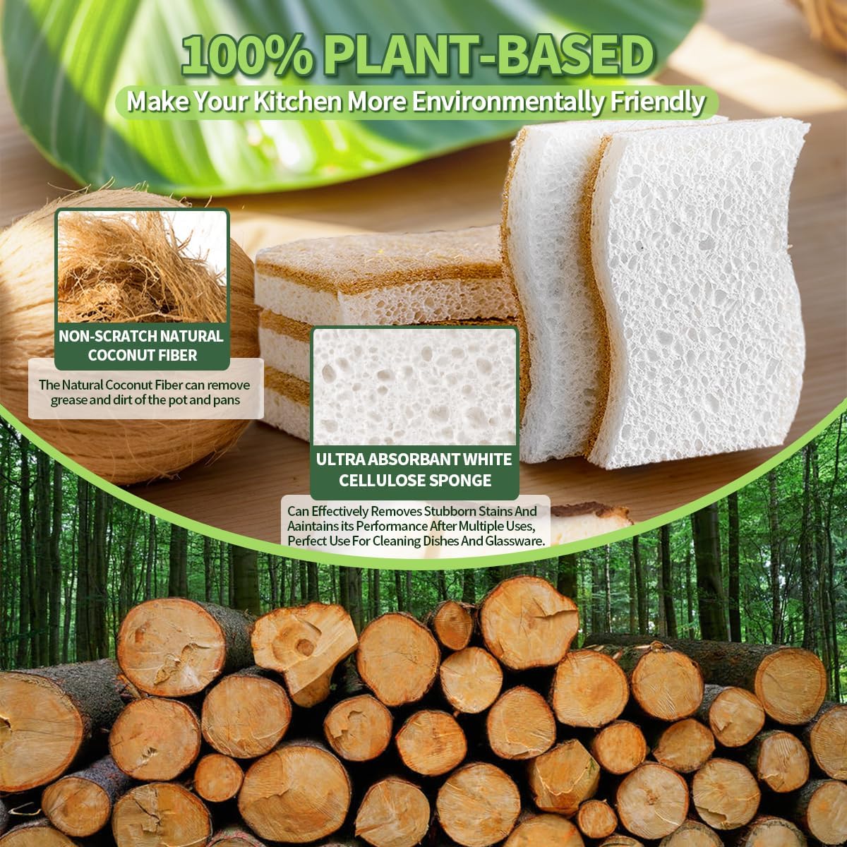 Skiennix Natural Dish Sponges - Plant-Based Biodegradable Cellulose with Coconut Scrubber | Eco-Friendly (Pack of 12)