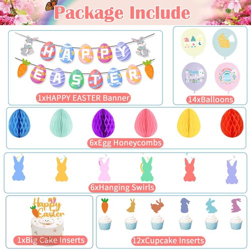 Easter Party Hanging Decorations Bunny Egg Banner Hang Swirls Honeycombs Balloons Cake Inserts for Home Office School Party Supplies