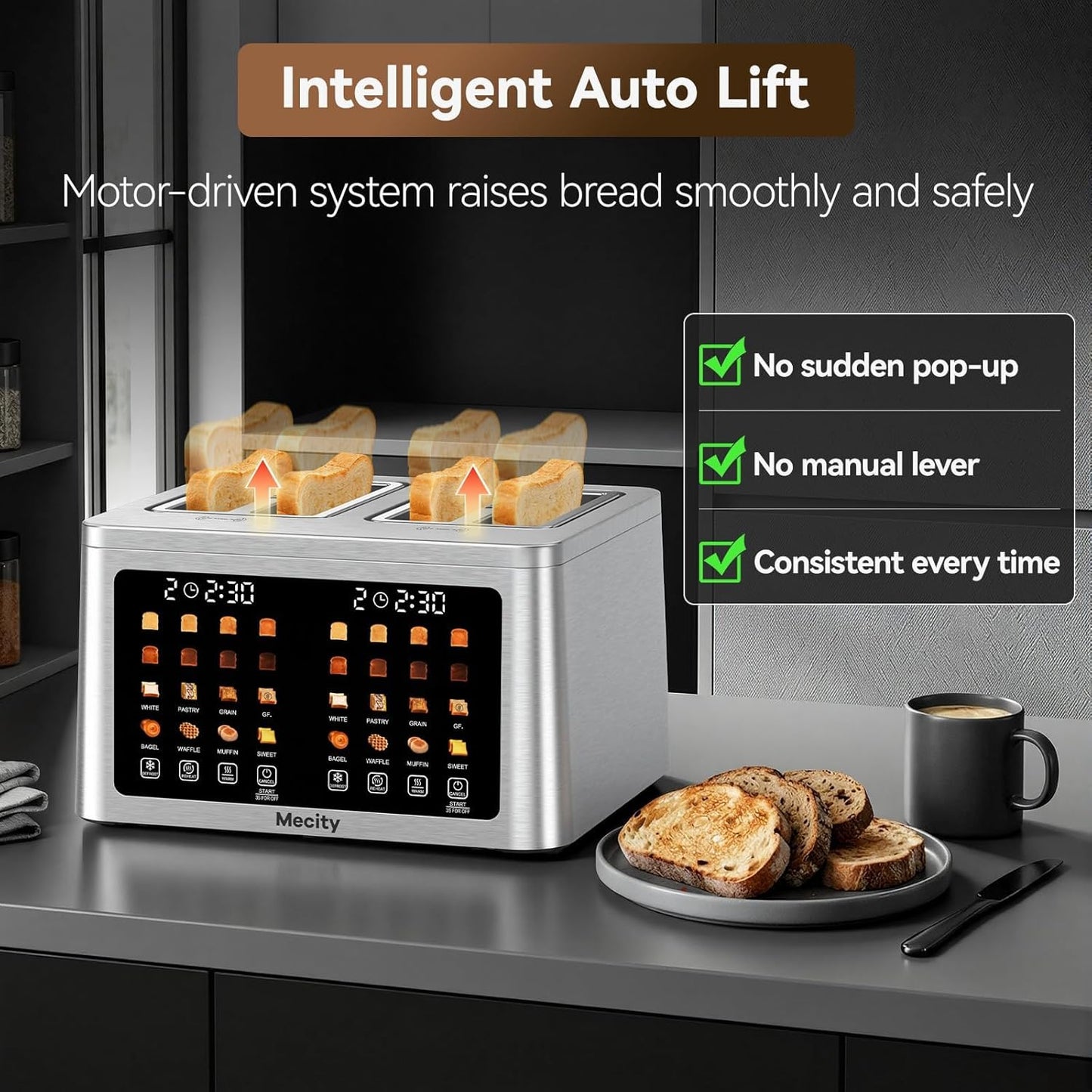 Mecity 4-Slice Toaster - Smart Touch Screen, Dual Control, Auto Shut Off | Perfect for Bagels & Gluten-Free Breads