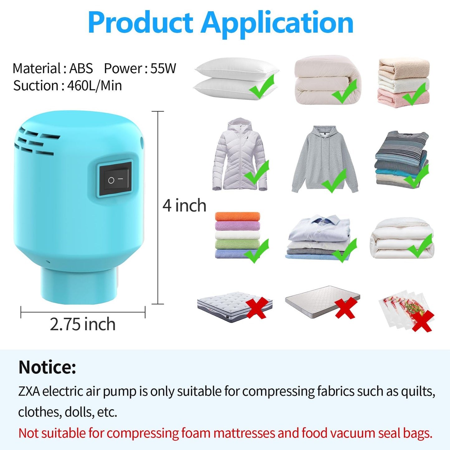 Electric Pump for Vacuum Storage Bags, 55W 5000PA Portable Travel Vacuum Pump for Storage Bags