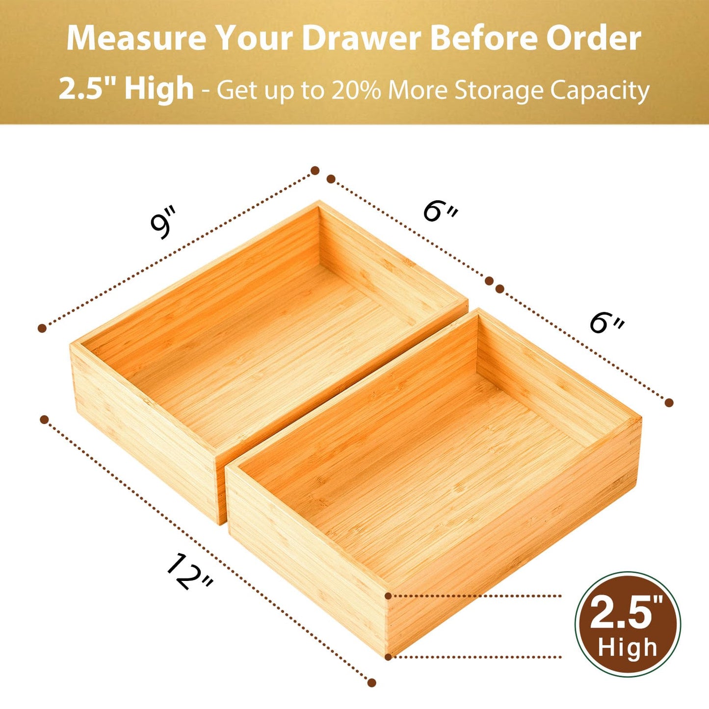 Umilife Bamboo Kitchen Drawer Organizer, Extra High Silverware Tray, Flatware Cutlery Storage Box, Multi-Use Holder in Office, Bathroom, Pantry - 9"x6"x2.5" (Set of 2)