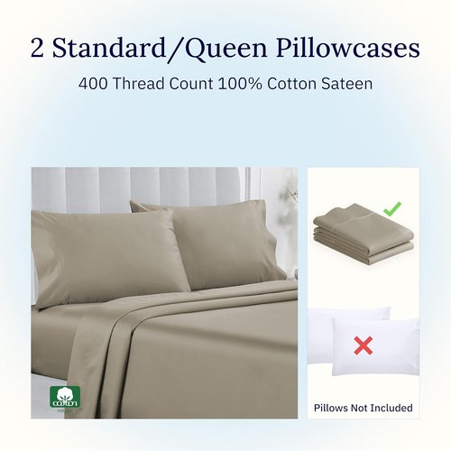 California Design Den Pillowcase Set - 400 Thread Count 100% Cotton Sateen, Soft & Breathable | Queen Size, Taupe - Set of 2