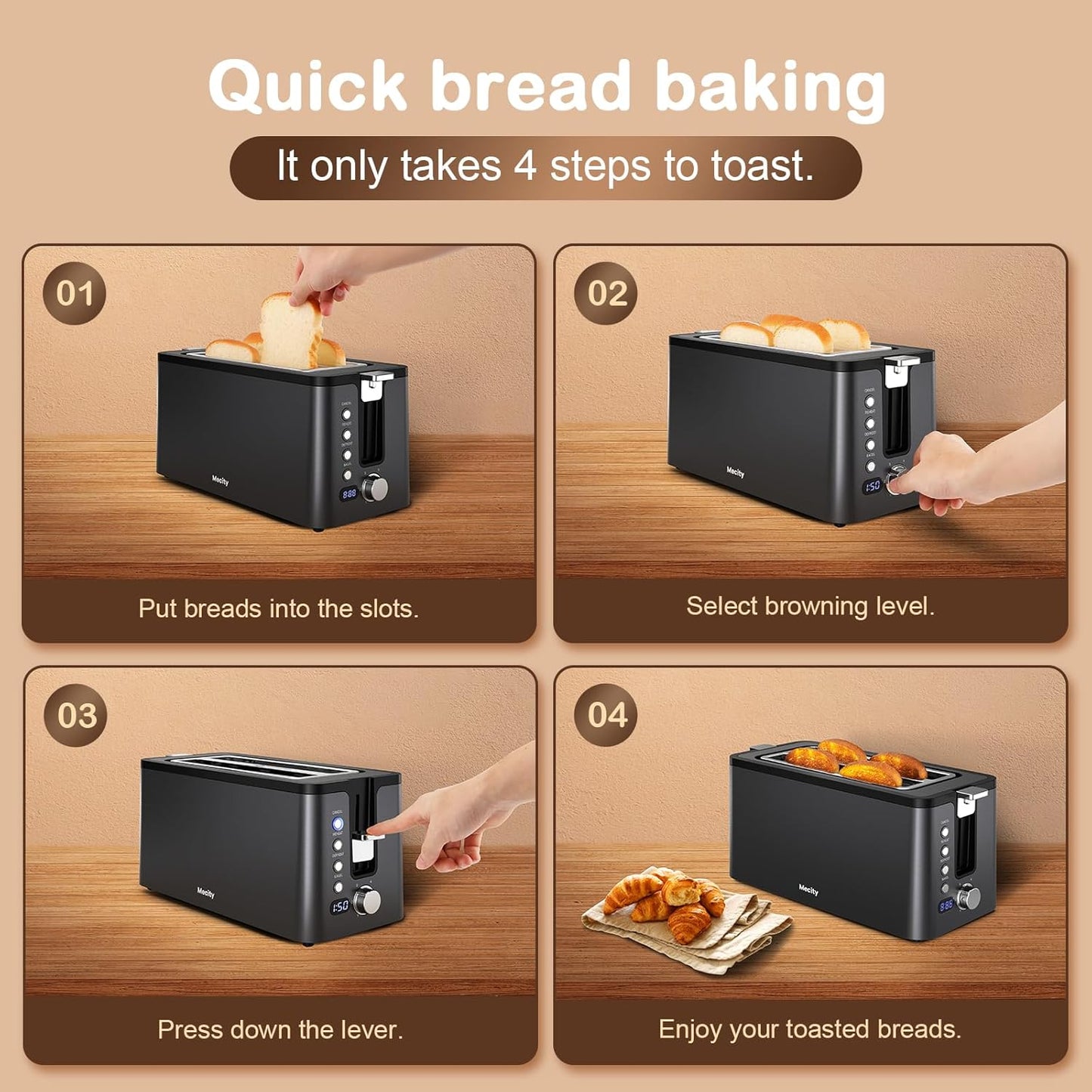 Mecity 4-Slice Toaster - Long Slot Design with Timer & 6 Browning Settings | Stainless Steel, 1300W