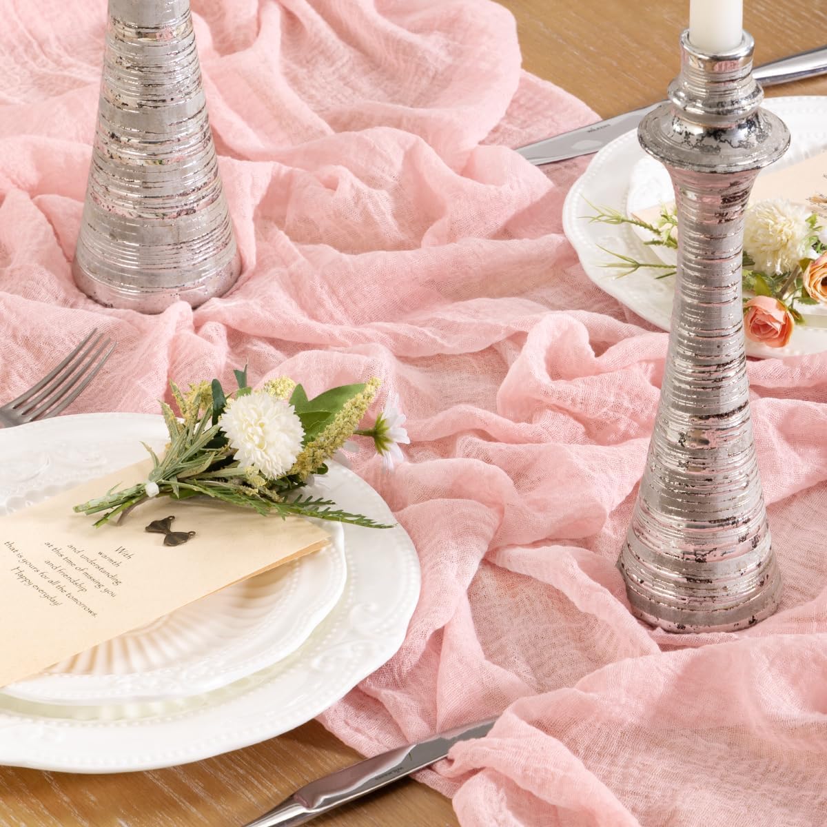 Santaben Blush Pink Cheese Cloth Table Runner Mother's Day Spring 120 Inch Soft Rustic Boho Gauze Cheesecloth Table Runner 10FT for Wedding Birthday Party Baby Shower Home Decoration