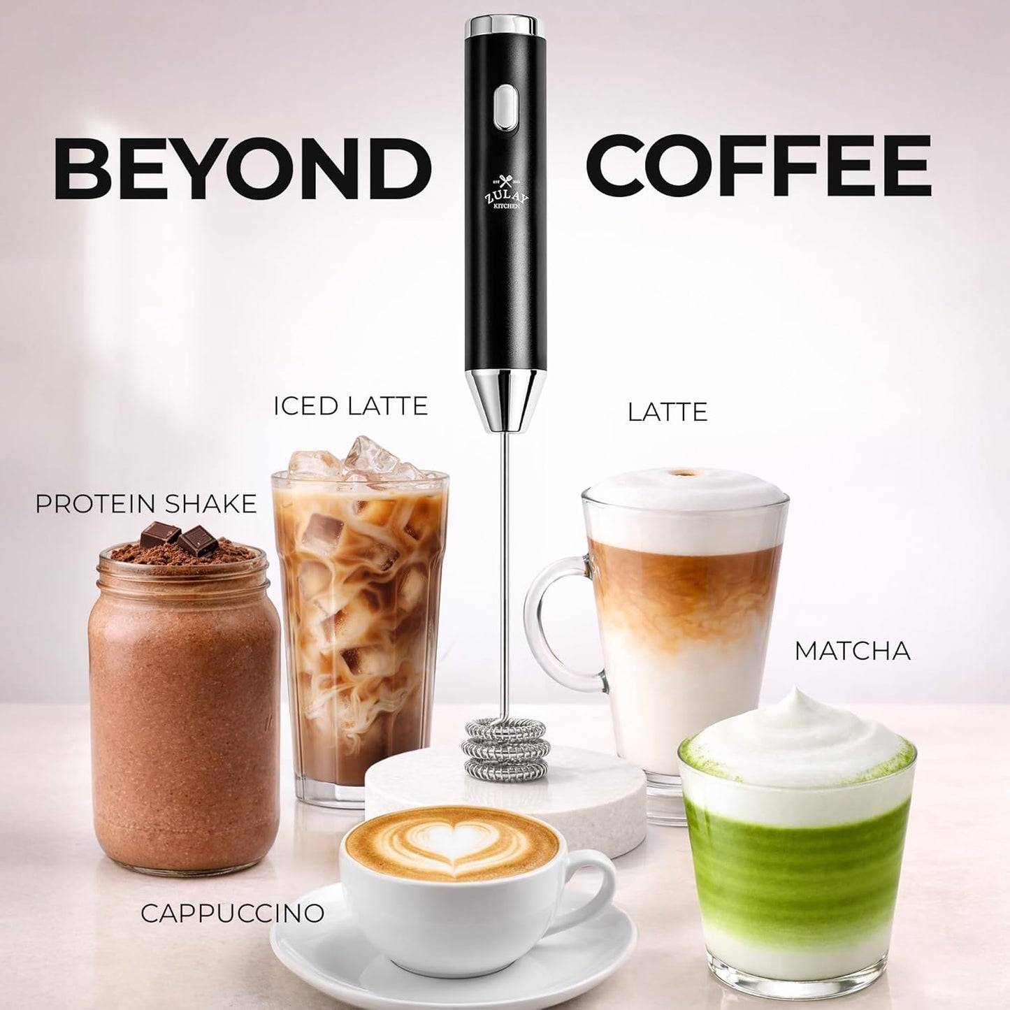 Zulay Kitchen Rechargeable Milk Frother - Handheld Electric Mixer with 3 Whisk Attachments | USB-C Charging, Lasts Up to 6 Months