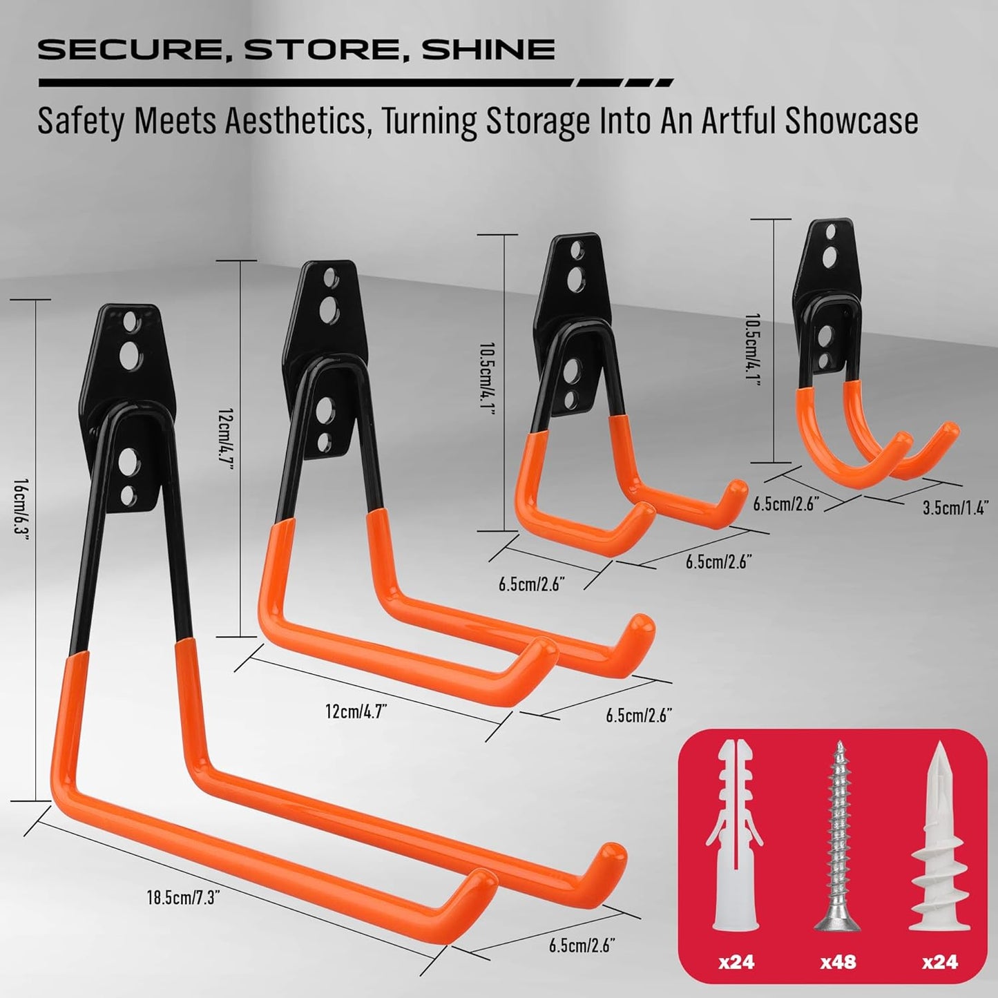 Skiennix Garage Tool Storage Wall Hook Set - 15PCS Heavy Duty Organizer for Garden Tools & Bikes - Orange