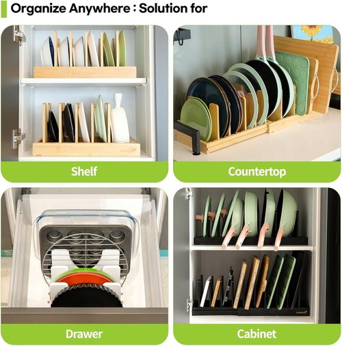 Bamboo Pots and Pans Organizer - Expandable Under Cabinet Storage for Bakeware & Cutting Boards | Adjustable Lid Holder