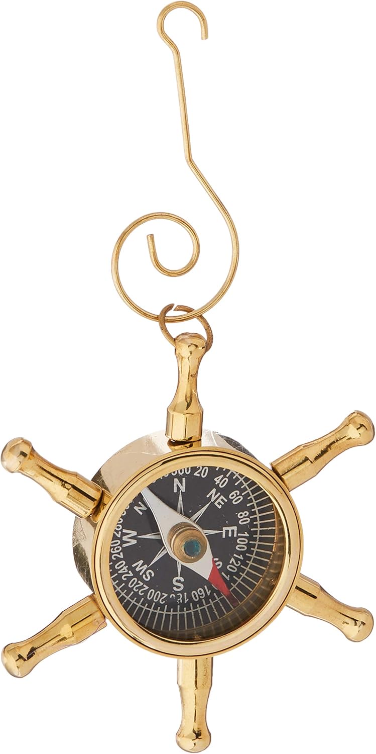 Brass Ship Wheel Compass Ornament - Nautical Christmas Tree Decoration