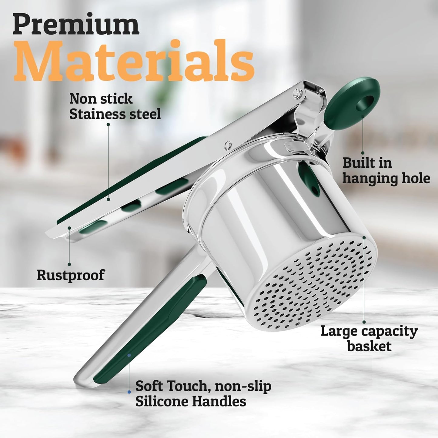 PriorityChef 15oz Potato Ricer - Heavy Duty Stainless Steel Masher for Perfect Mashed Potatoes | Green