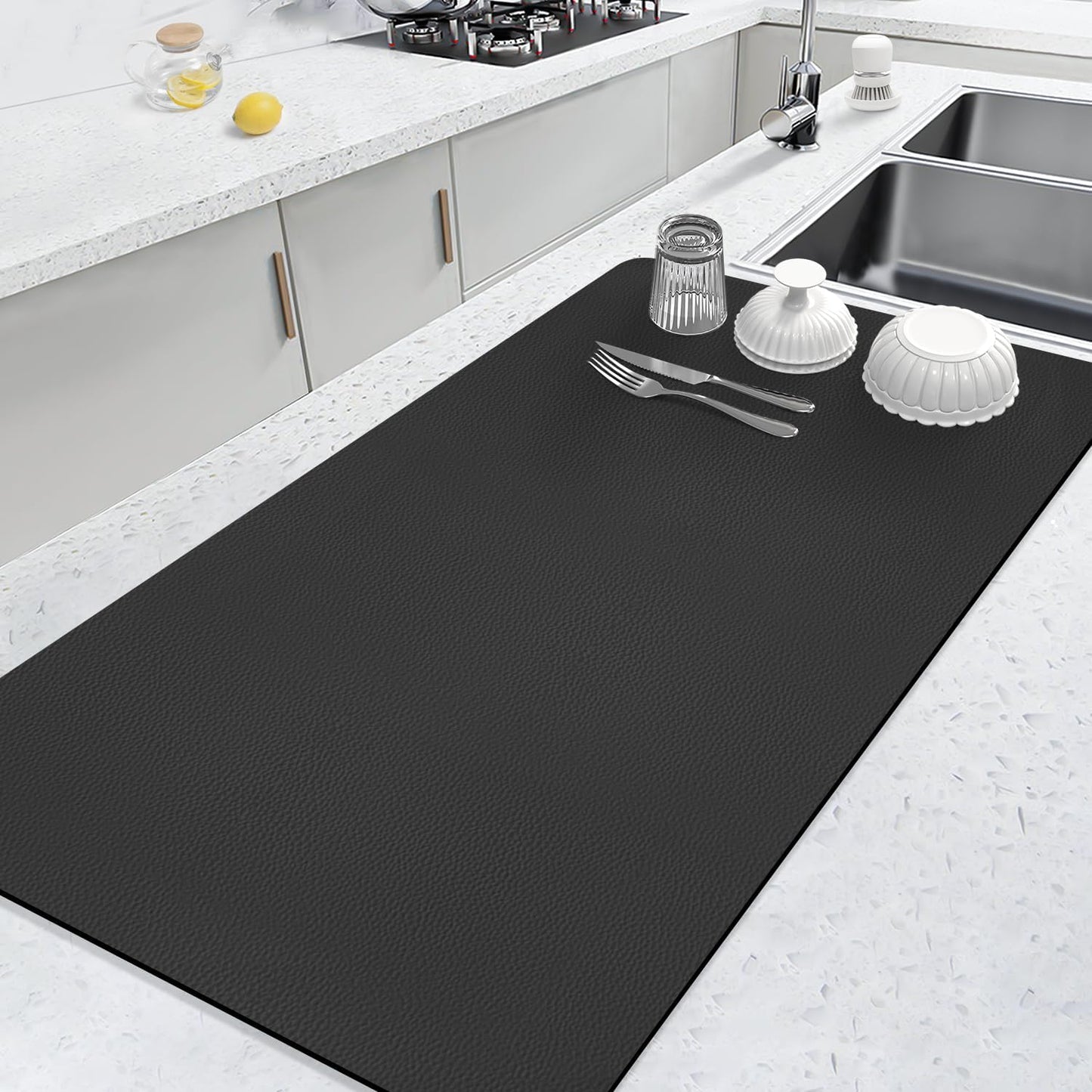 LOPNUR Extra Large Kitchen Dish Drying Mat - Super Absorbent Diatomite Pad | 31.5"x17", Heat Resistant, Anti-Slip Backing, Black
