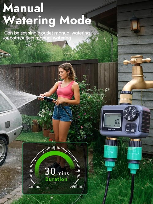 Insoma 2-Zone Water Timer - Programmable Brass Hose Faucet Timer with Auto/Manual Modes | Waterproof Garden Sprinkler System