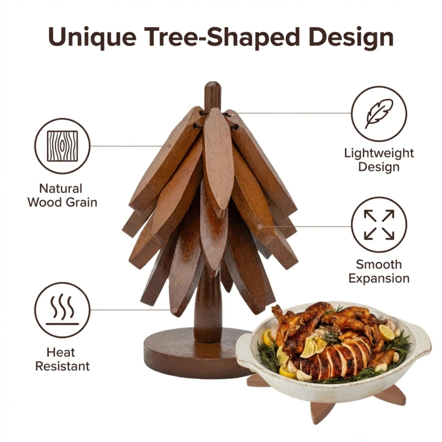 Wooden Trivets for Hot Dishes – Tree Trivet Set with 4 Foldable Wooden Trivets & 1 Stand, Heat-Resistant, Space-Saving Trivet Tree for Pots, Bowls & Teapots (Walnut)