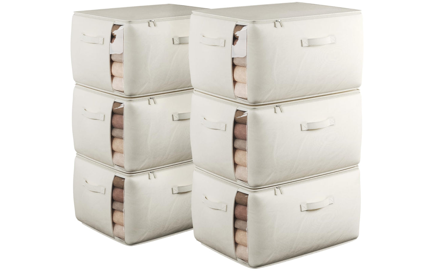 TomVista Large Canvas Clothes Storage Bags with Thick Handles and Clear Window, Foldable Cotton Linen Underbed Closet Organizer for Clothing, Blankets and Bedding, 60L, 6 Pack, Beige