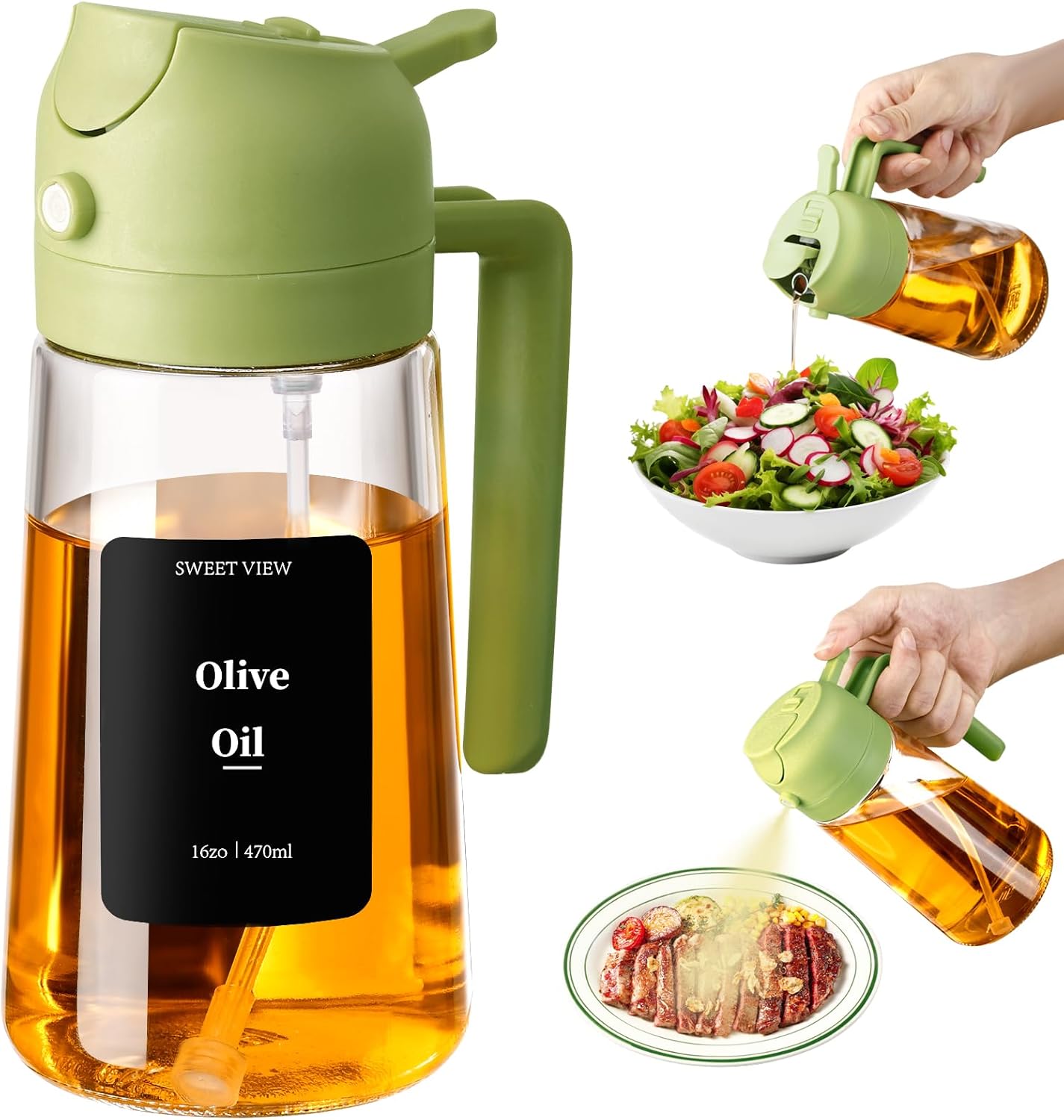 Sweet View 16oz Oil Dispenser & Sprayer - Glass Olive Oil Pourer for Kitchen & BBQ (Green)