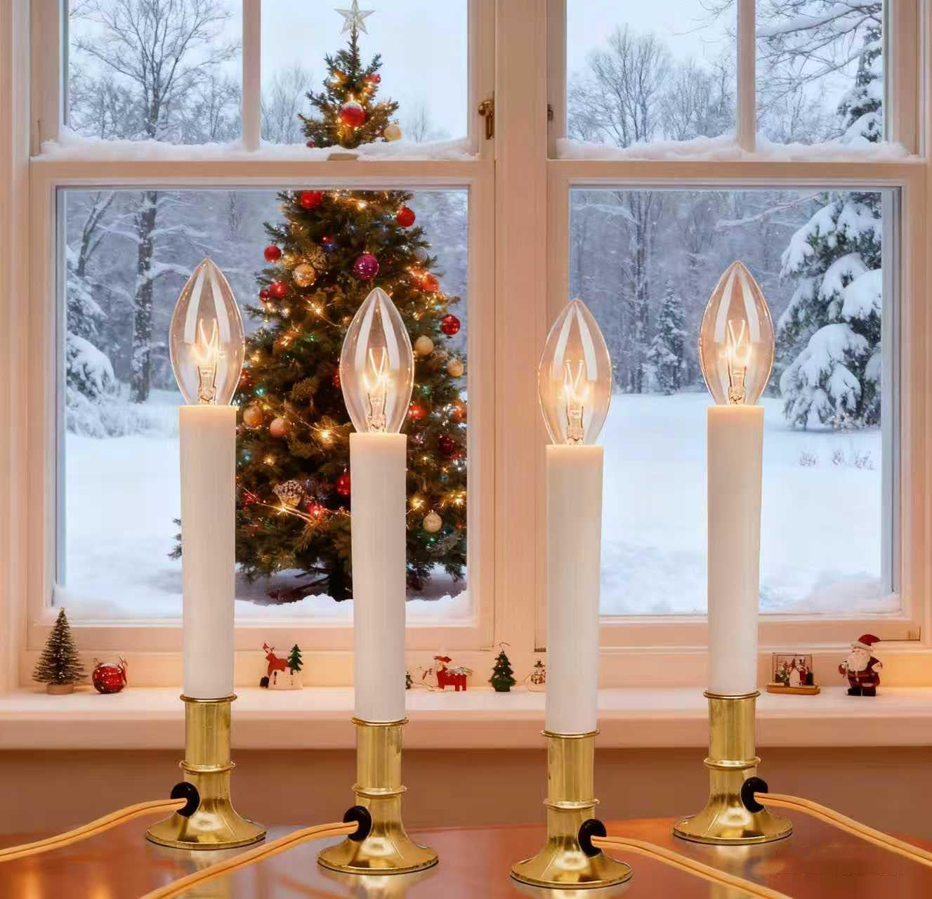 Skiennix Electric Christmas Window Candle Lamps - Flameless Taper Candles with Golden Base | 4 Pack
