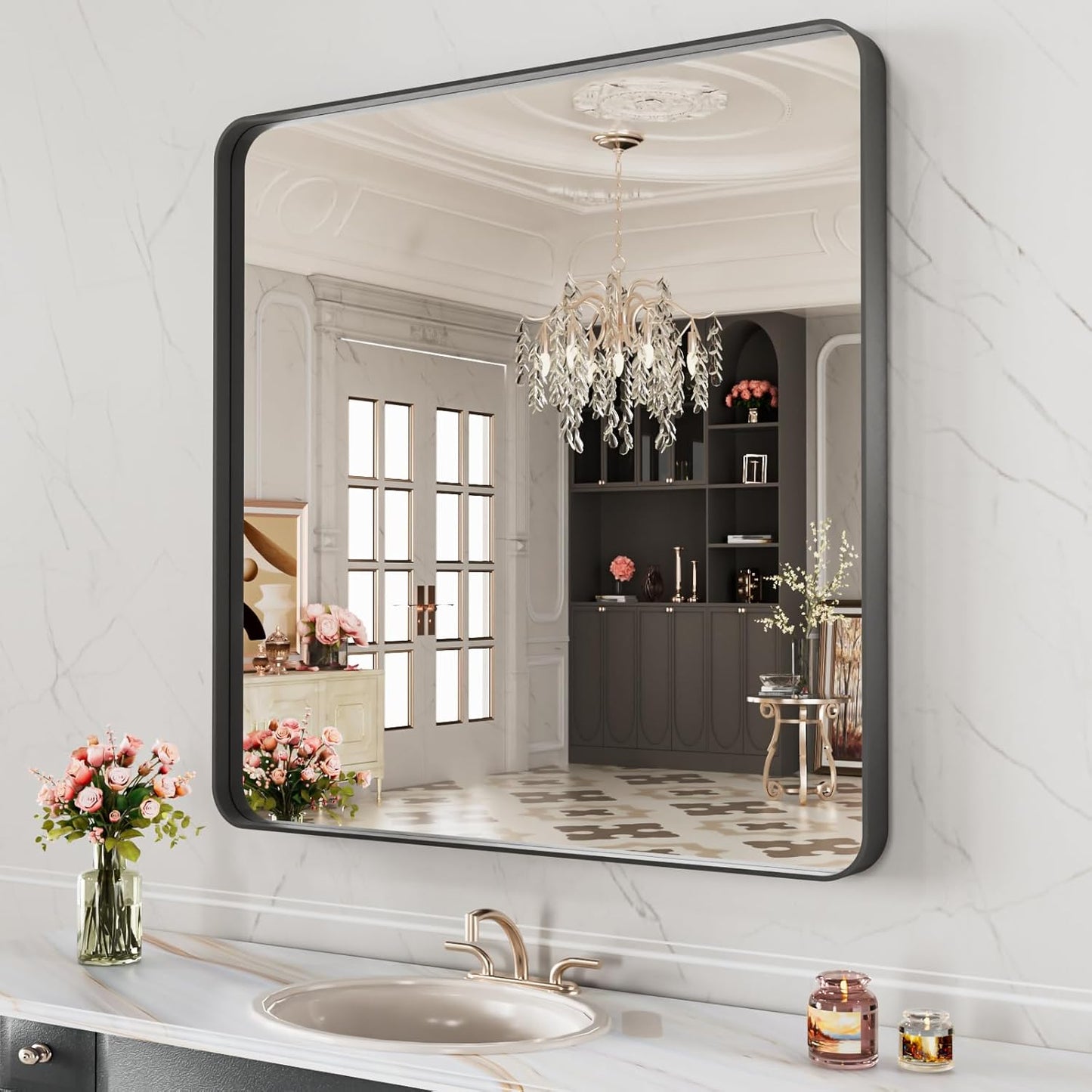 LOAAO Black Metal Framed Bathroom Mirror - 32x32 Inch, Anti-Rust, Versatile Horizontal/Vertical Design