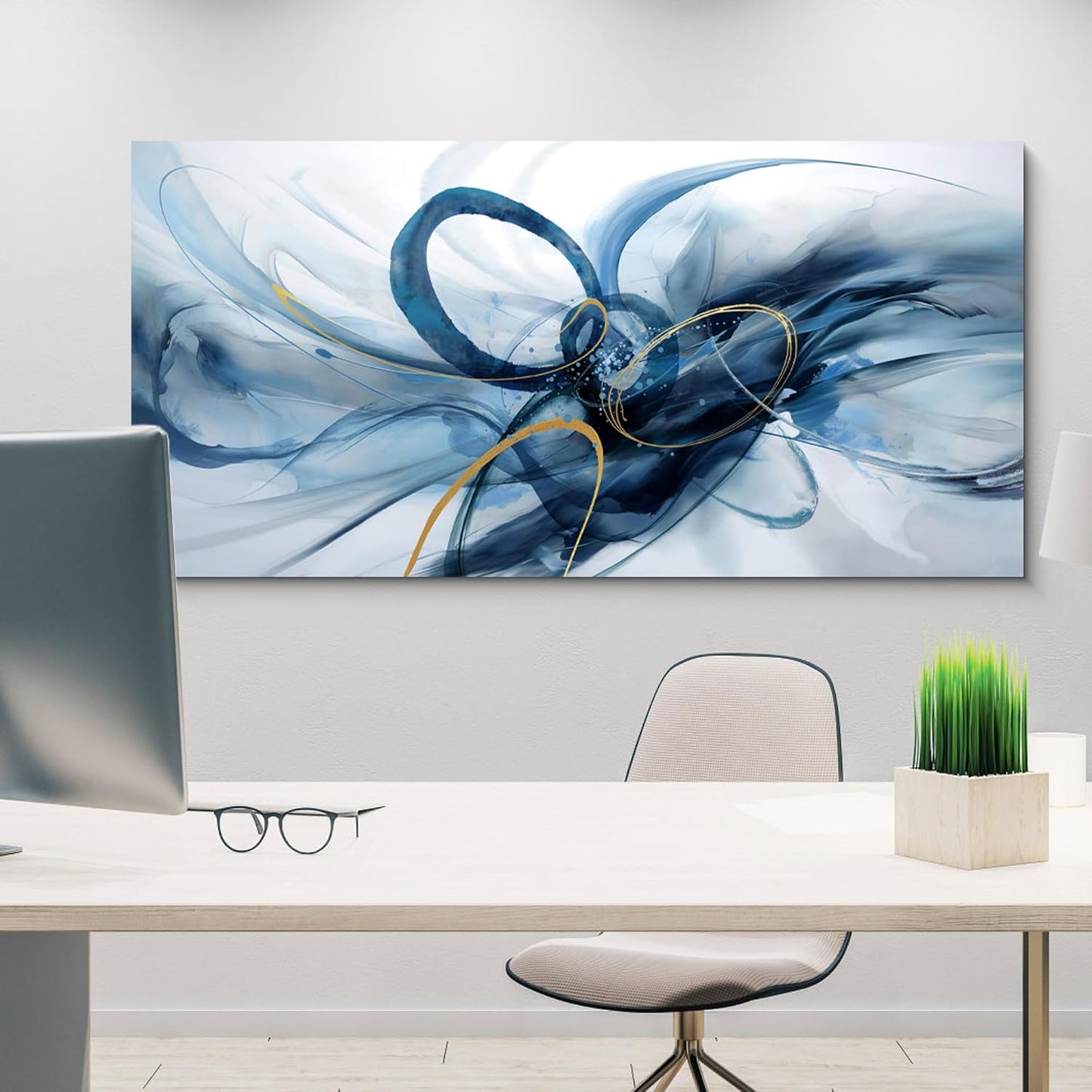 XLSJERST Extra Large Canvas Wall Art - Modern Abstract Blue & White Artwork for Living Room Decor