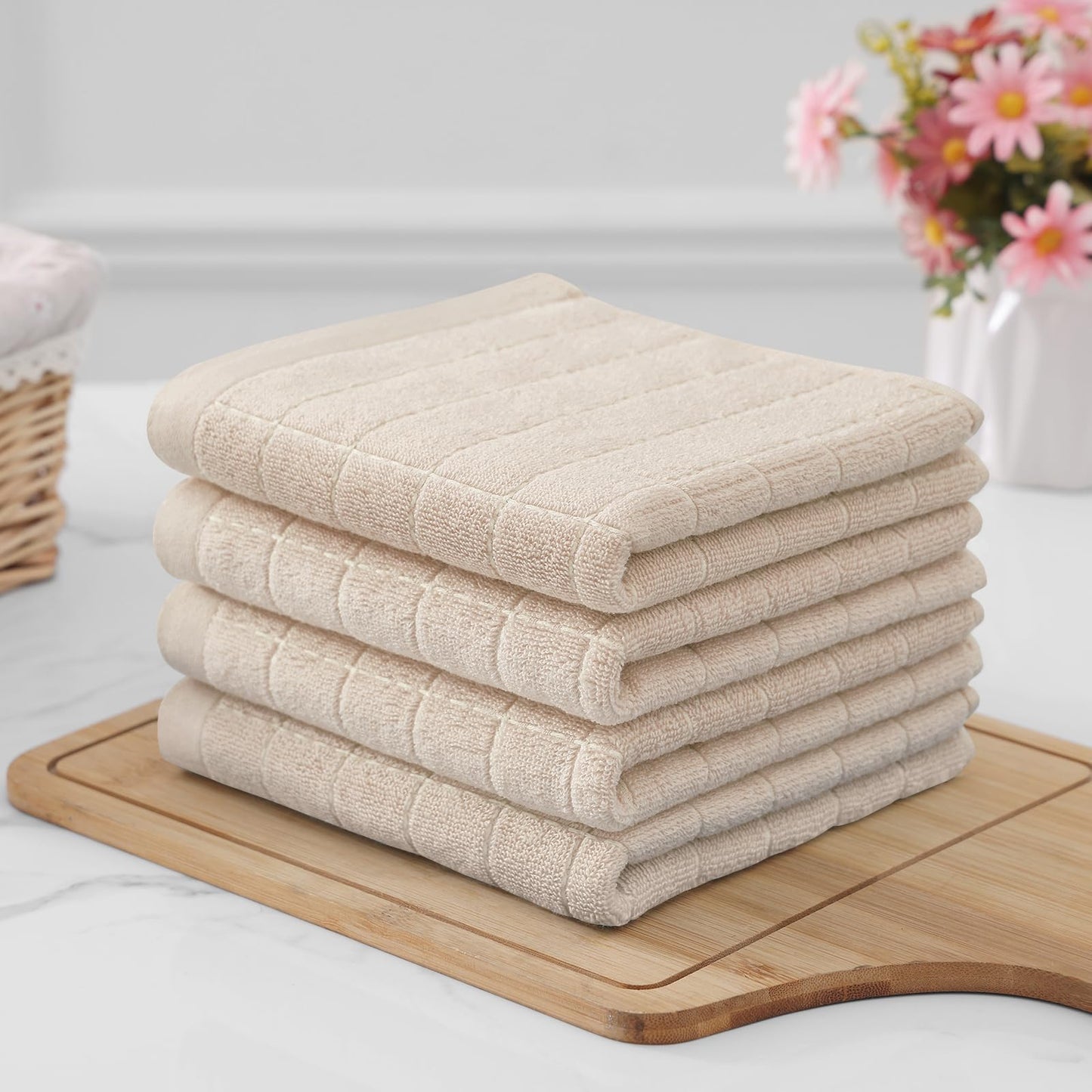 Homaxy 100% Cotton Terry Kitchen Towels(Beige, 13 x 28 inches), Checkered Designed, Soft and Super Absorbent Dish Towels, 4 Pack