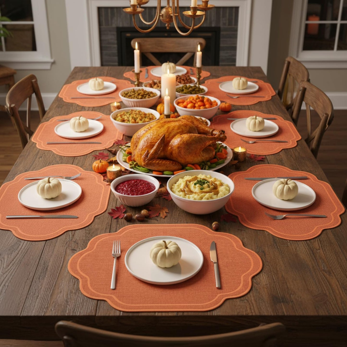 Breling 6 Pcs Orange Wedding Placemats Scalloped Embroidered Cotton Linen Placemats 17" x 13" Double Layered Machine Washable Table Place Mat for Party Table Decor (Cotton)