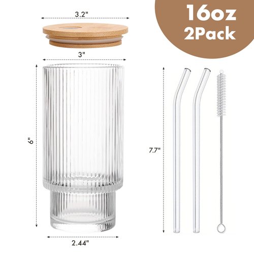 AiMQnLe Glass Cups with Bamboo Lids and Straws - 16 oz Reusable Iced Coffee Cups, Vintage Ribbed Drinking Glasses, To Go Tumbler for Juice, Beer, Coffee, Milk, Cocktail, Water (2 Pack)