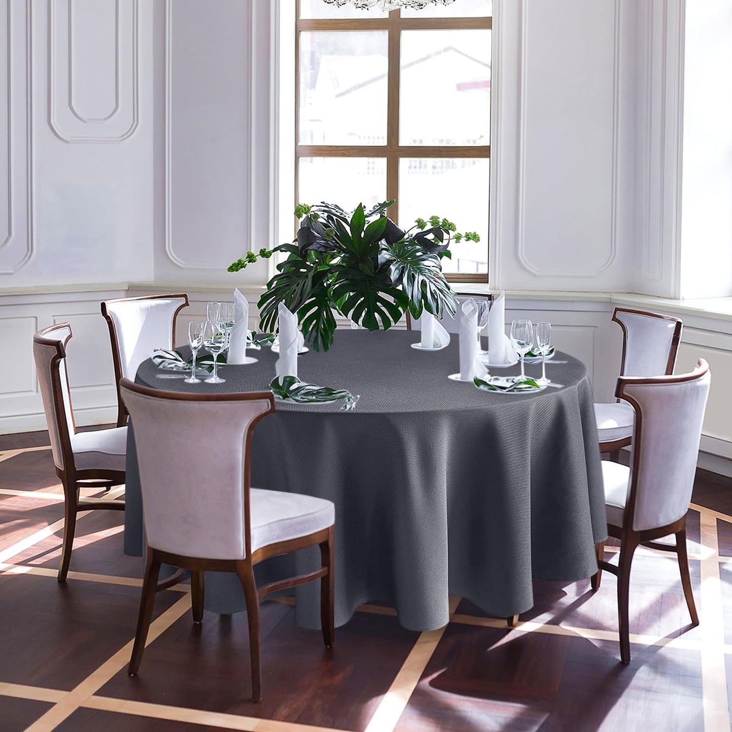 Biscaynebay Textured Fabric Round Christmas Table Cloths 108", Burgundy Water Resistant Washable Folding Table Covers for Dining, Kitchen, Wedding, Parties Machine Washable