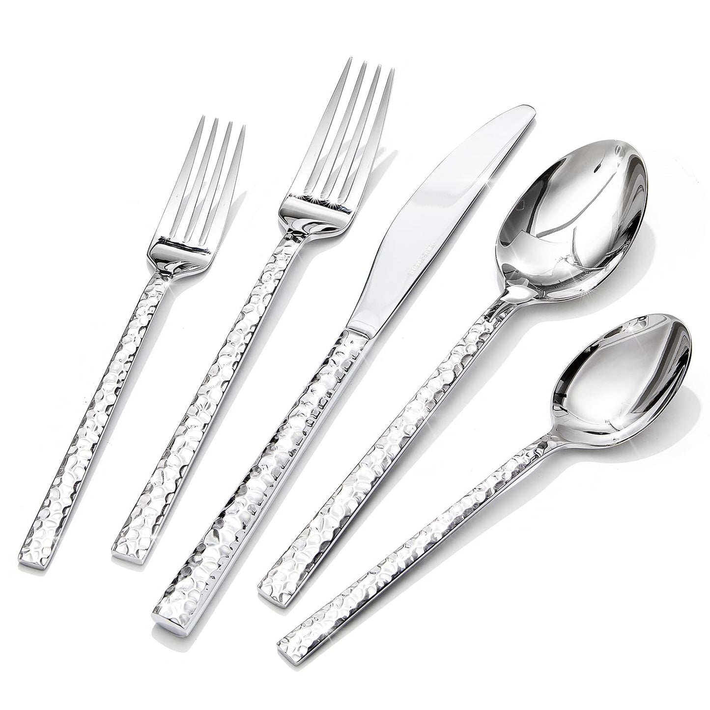 KINGSTONE 60 Piece Hammered Silverware Set, 18/10 Stainless Steel Flatware Set for 12, Cutlery Set for Home, Party, Wedding, Mirror Polished Dishwasher Safe
